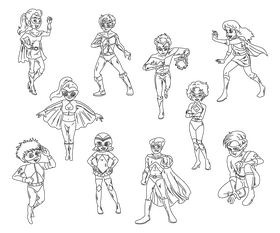 Set of superhero characters black and white vector