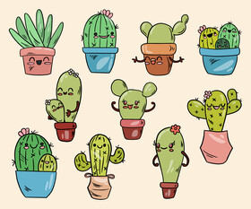 Set of cute kawaii cactuses vector