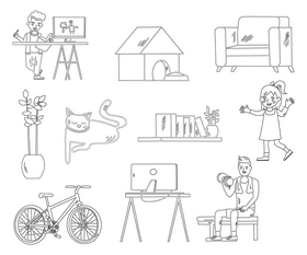 Routine, distance learning online black and white vector