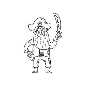 Cartoon pirate holding sword drawing black and white clipart