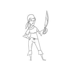 Pirate girl holding sword black and white clipart