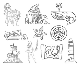 Pirates cartoon set black and white vector