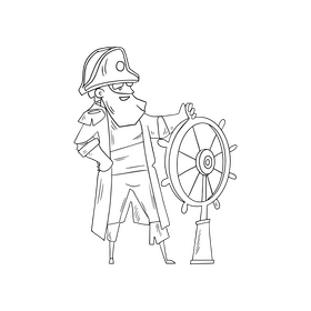 Pirate captain holding wheel black and white clipart