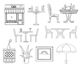 Cafe set cartoon black and white vector