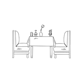 Cafe table with chairs drawing black and white clipart