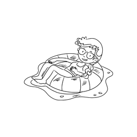 Boy swimming with inflatable swimming ring black and white clipart