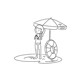 Cute girl on beach black and white clipart