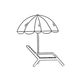 Beach umbrella with deck chair black and white clipart