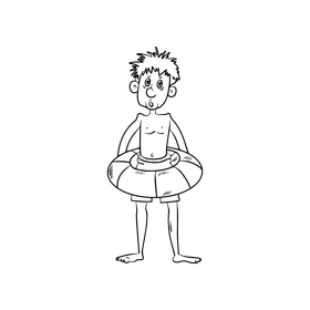 Cartoon boy on beach black and white clipart