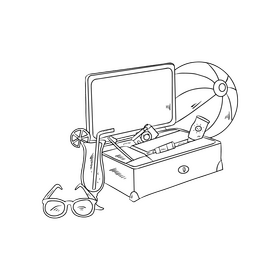 Beach travel suitcase black and white clipart