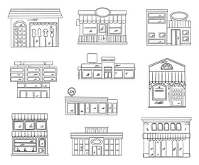 Store shop illustration, supermarket cartoon black and white vector