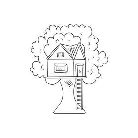 Tree house cartoon black and white clipart
