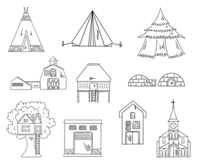 Residential buildings, houses black and white vector
