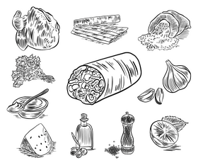 Food burrito set black and white vector