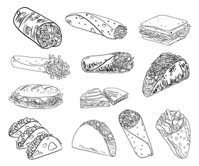 Mexican cuisine set black and white vector