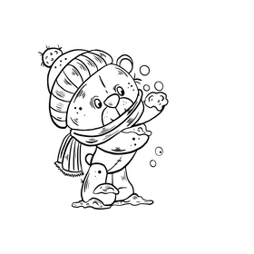 Teddy bear in winter cartoon black and white clipart