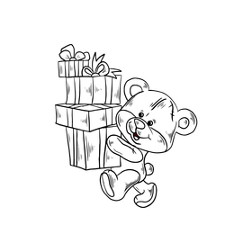 Teddy bear with gift box black and white clipart
