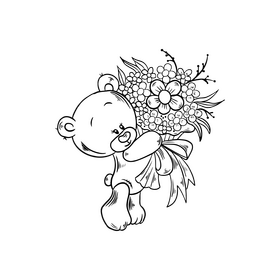 Teddy bear with flowers cartoon black and white clipart