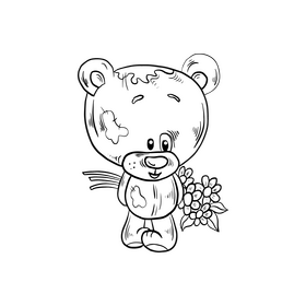 Teddy bear with flowers cartoon black and white clipart