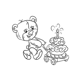 Teddy bear with cake black and white clipart