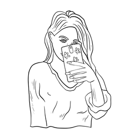Cute girl taking selfie cartoon black and white clipart