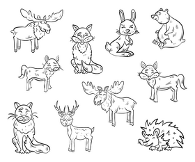 Cartoon forest animals black and white vector
