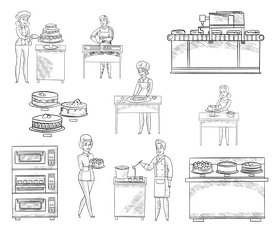 Confectionery factory, cake making black and white vector