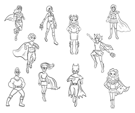 Female superhero characters, superwoman set black and white vector