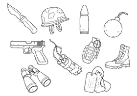 Military objects drawing black and white vector