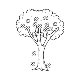 Spring tree with flowers drawing black and white clipart