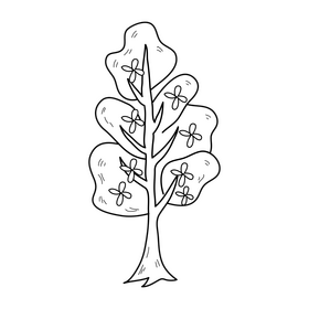 Green tree with flowers drawing black and white clipart