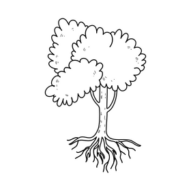 Green tree with roots drawing black and white clipart