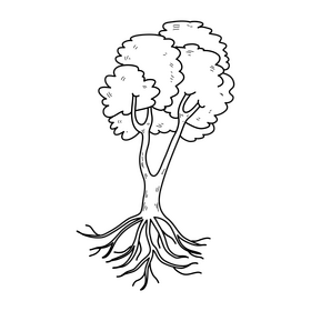 Tree with roots drawing black and white clipart