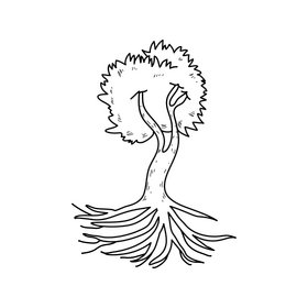 Green tree with roots drawing black and white clipart