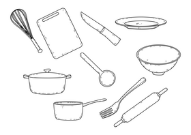 Kitchen utensils drawing black and white vector