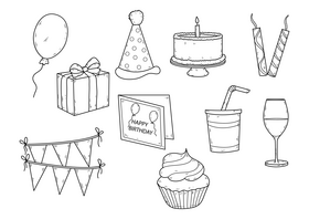 Happy birthday elements drawing black and white vector