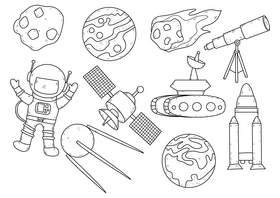 Space objects drawing set black and white vector