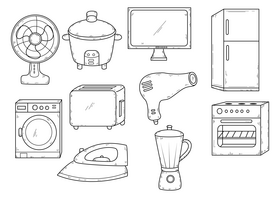 Home appliances drawing set black and white vector