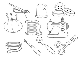 Sewing elements drawing black and white vector