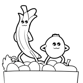 Fruits banana and orange cartoon drawing black and white vector
