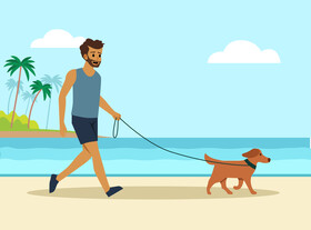 Man walking a dog in beach vector