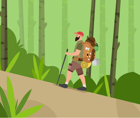 Man hiking forest vector