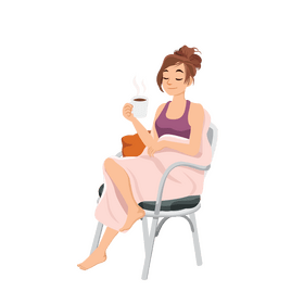 Beautiful girl sitting in chair with coffee and relax clipart