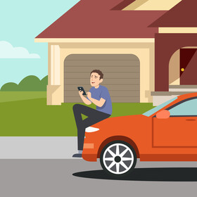 Man on his car laughing at his phone vector