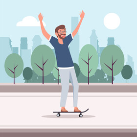 Happy nerd playing skateboard vector