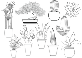 Potted plant set black and white vector