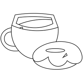 Donut with cup of tea black and white clipart