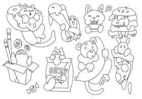 Cartoon food with cute animals black and white vector