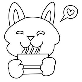 Cartoon noodles with little kitty black and white clipart