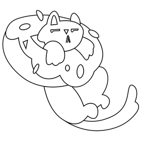 Cartoon donut with cute cat drawing black and white clipart